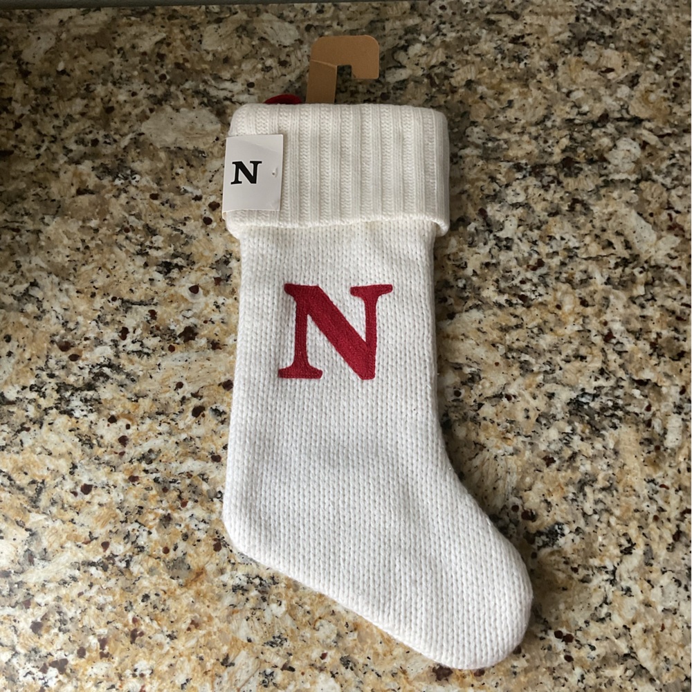 White Target Knit Stocking with Red Initial 'N’